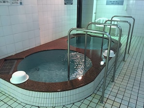 A small indoor pool with a tiled edge and metal railings.