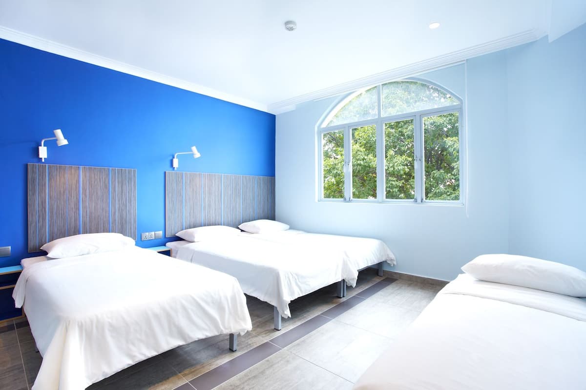 Une chambre d’hôtel avec deux lits, une grande fenêtre donnant sur la verdure et un mur d’accent bleu.