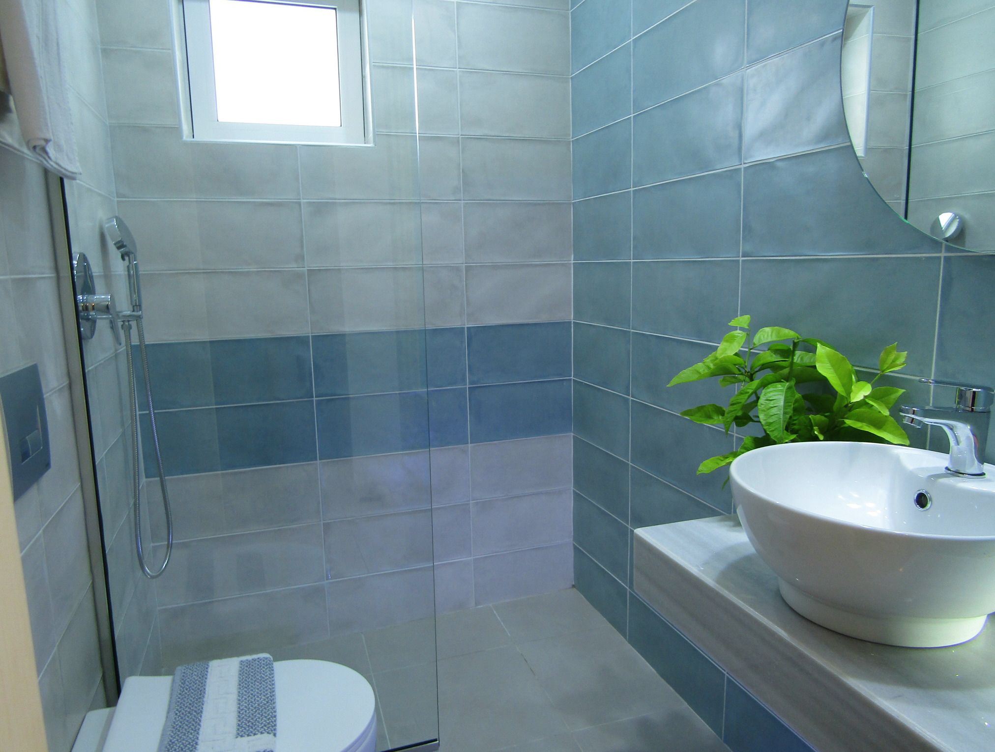 Un baño con ducha, inodoro, lavamanos y una planta en maceta.