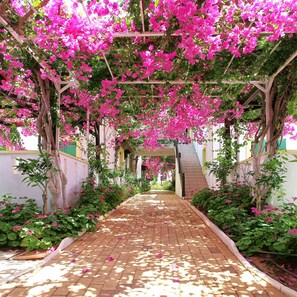 A covered walkway with pink flowers and a brick path.