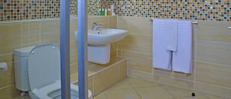 A bathroom with a toilet, sink, and tiled walls.