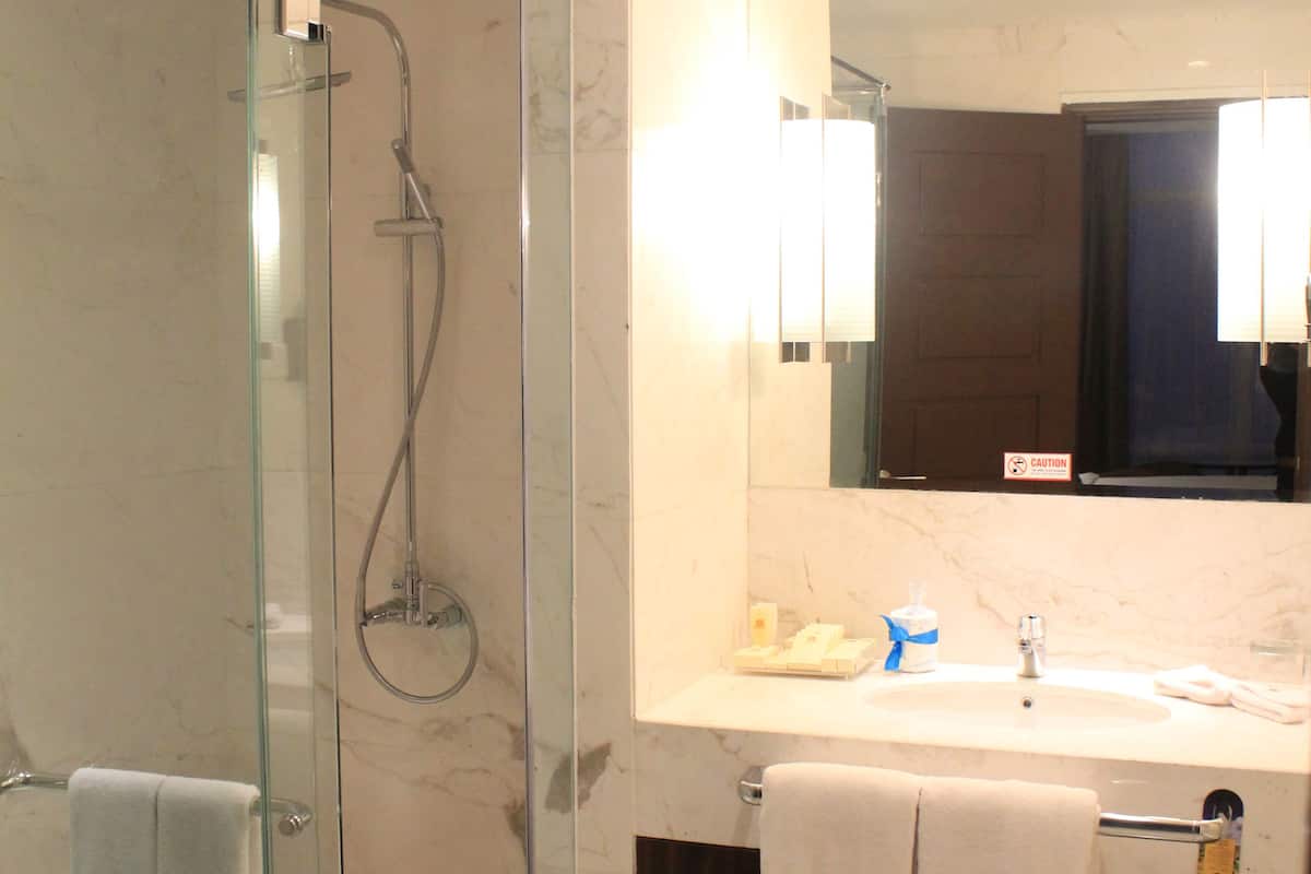 rainfall showerhead, eco-friendly toiletries, hair dryer, bathrobes