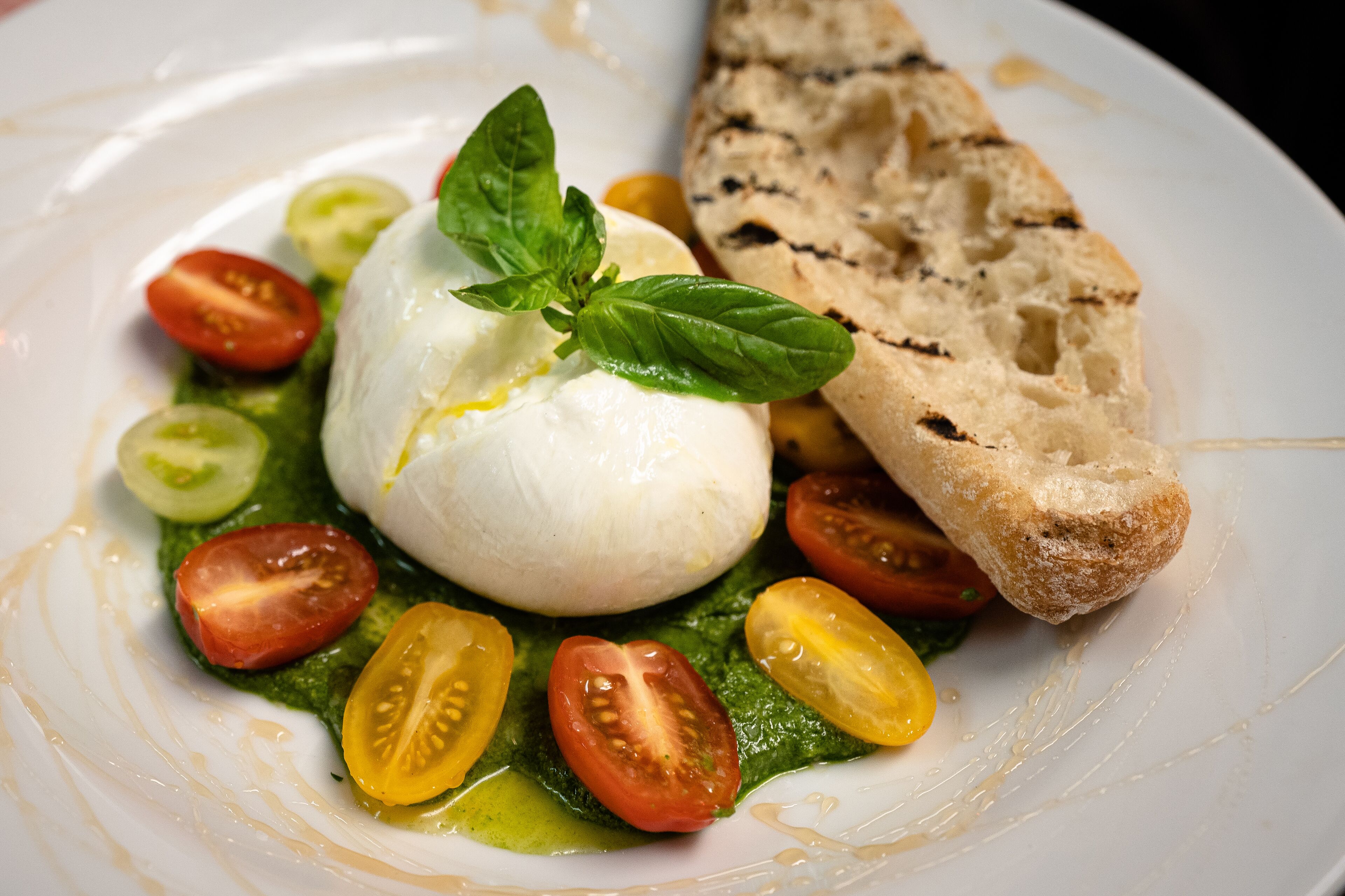A plate with a grilled bread, a ball of mozzarella, and tomato slices on a bed of green sauce.