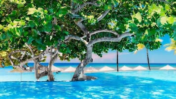 Outdoor pool, pool umbrellas, sun loungers