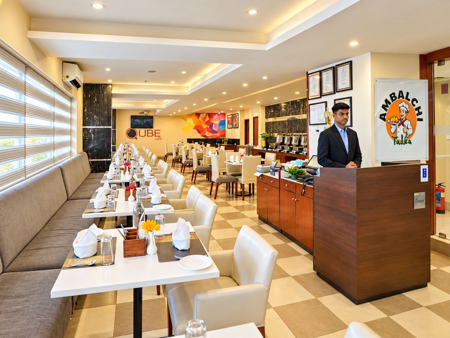 Un comedor de hotel con mesas dispuestas para los huéspedes, una recepción y una pared con diplomas enmarcados.