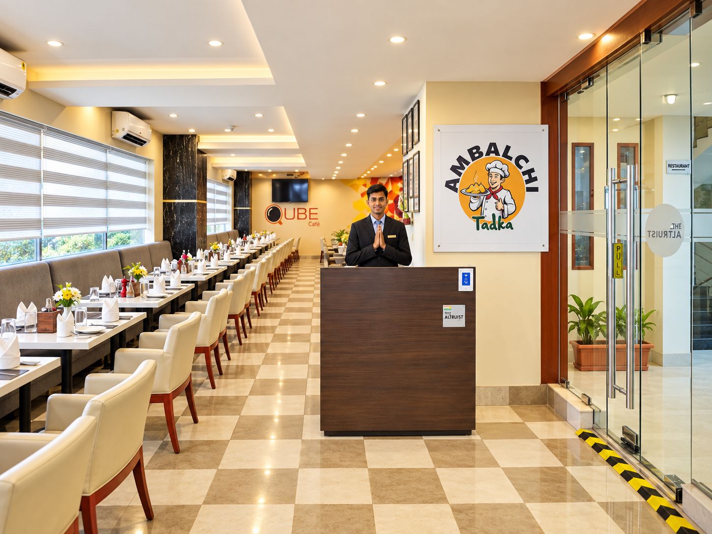 A hotel lobby with a reception desk, a long dining area with tables and chairs, and a wall with a restaurant sign.