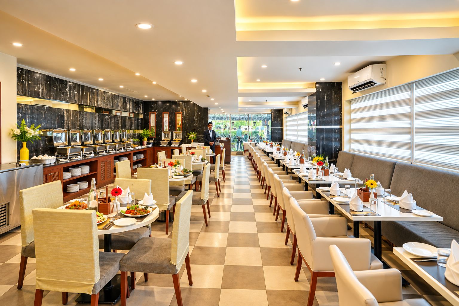 A hotel restaurant with a long dining area, buffet, and a view of the outdoors.