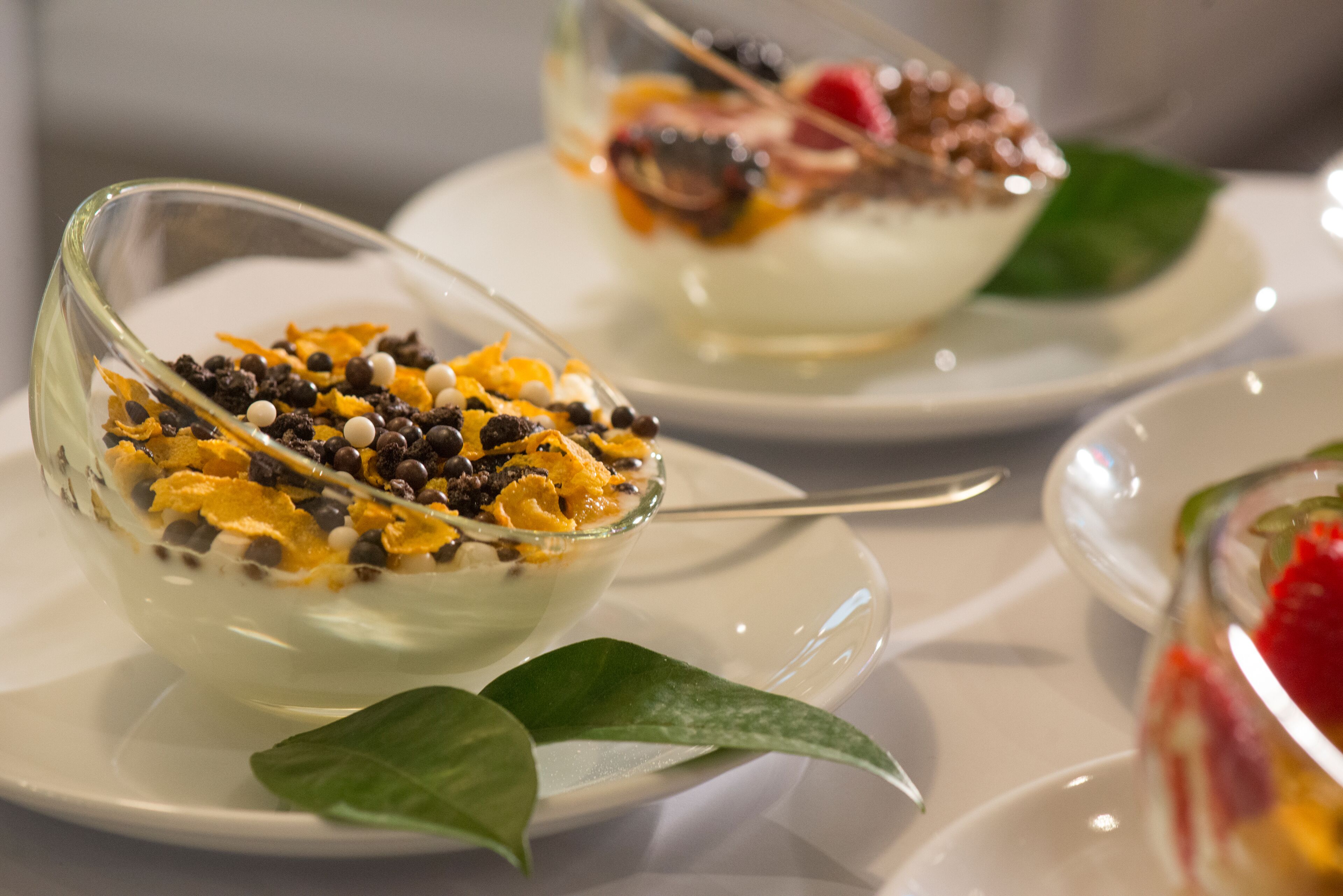 Two bowls of dessert on white plates with a green leaf garnish.