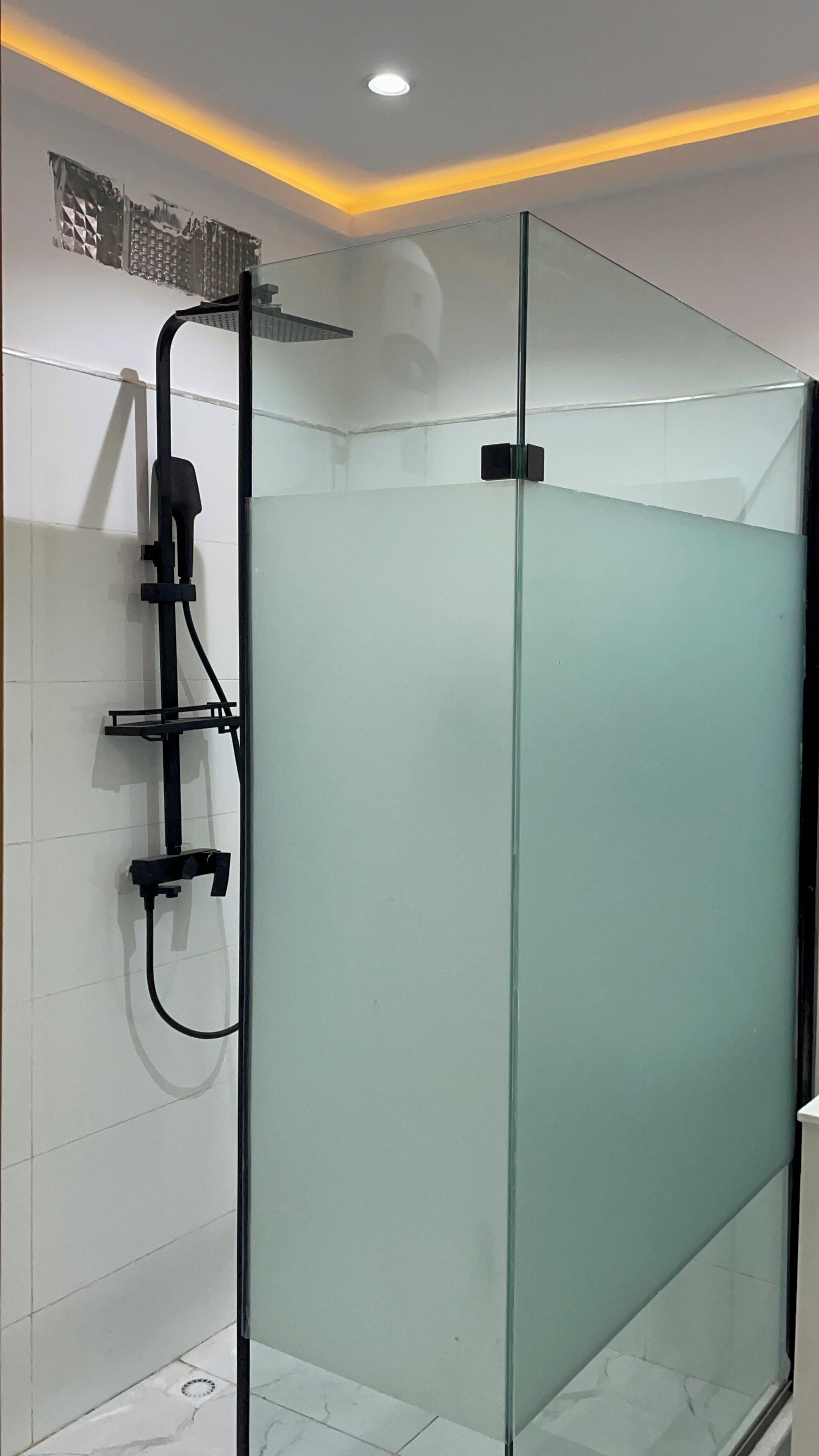 A modern shower enclosure with a glass door, a handheld showerhead, and a wall-mounted control panel.