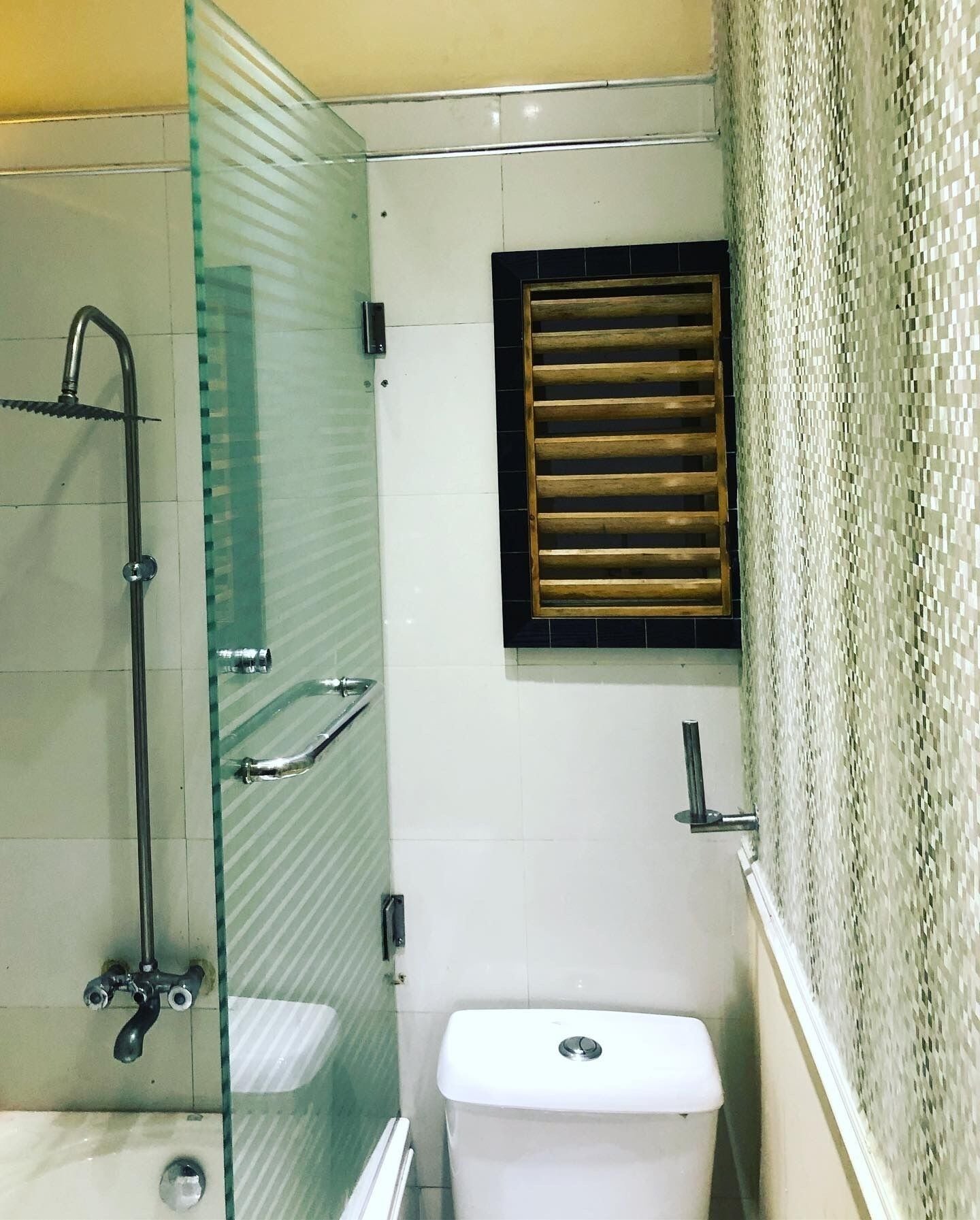 A bathroom with a glass shower enclosure, a toilet, and a window with wooden blinds.