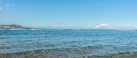 A clear view of a beach with calm water and distant mountains.
