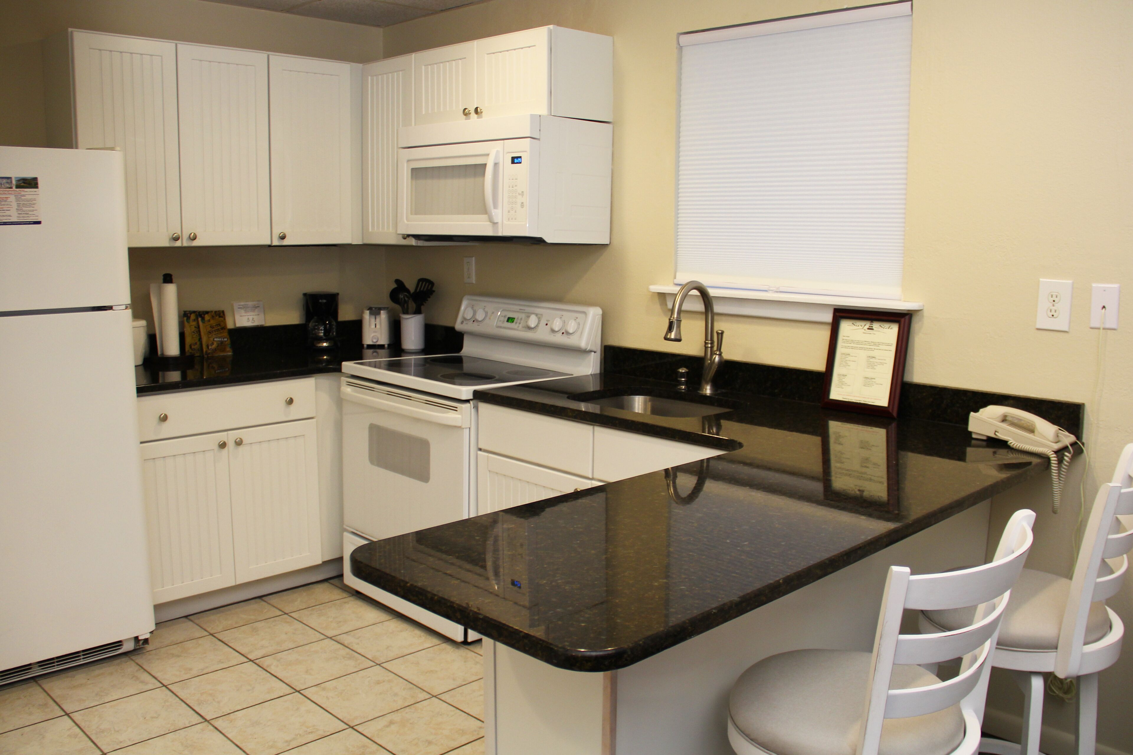 mini-fridge, microwave, coffee/tea maker