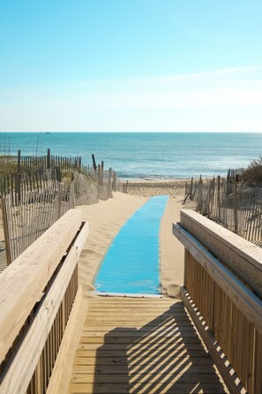 A wooden boardwalk leading to a beach with a blue mat on the sand. - Surf Side Hotel (Nags Head)