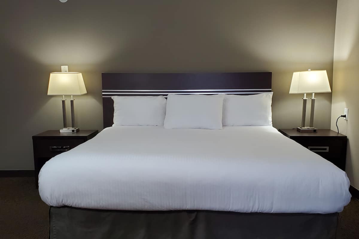 A neatly made bed with white linens, flanked by two bedside tables with lamps, set against a dark headboard and walls.