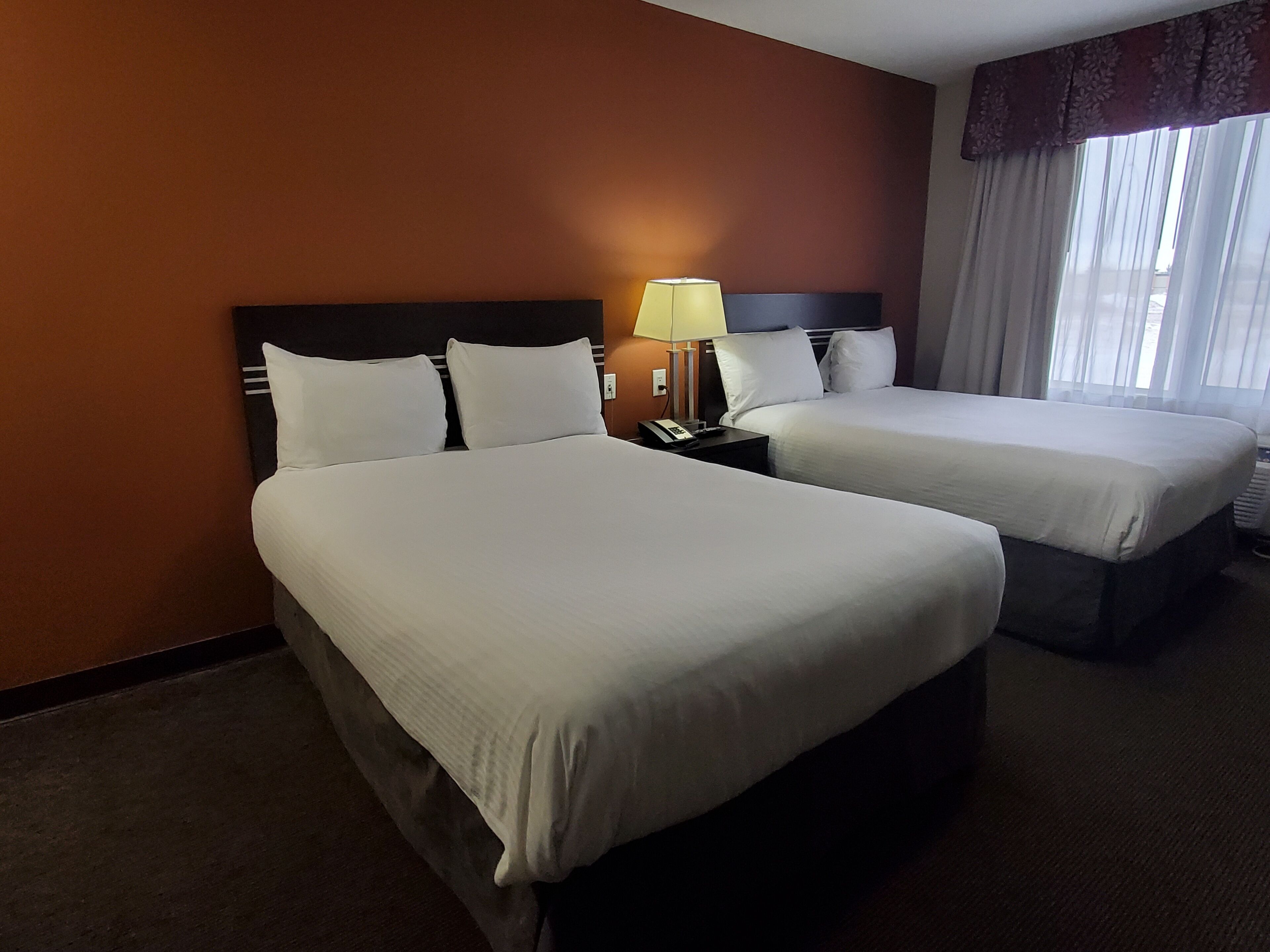 A hotel room with two beds, a nightstand with a lamp, and a window with sheer curtains.