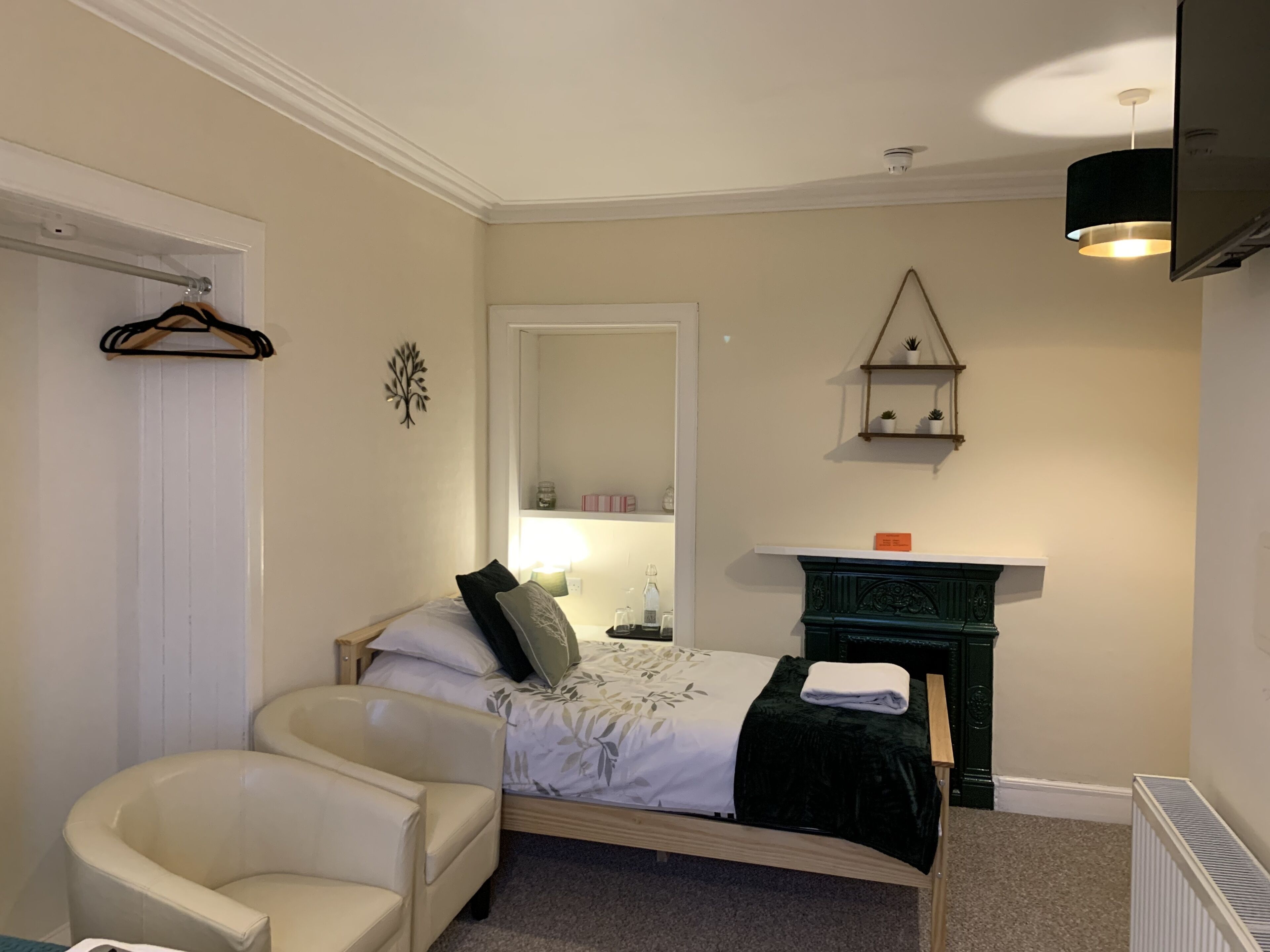 A bedroom with a bed, a chair, a dresser, a mirror, and a shelf with plants.