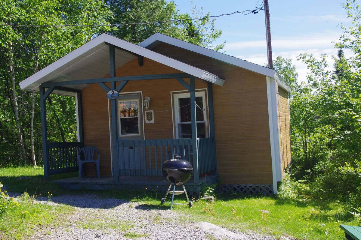 Eine kleine Holzhütte mit Veranda, Grill und Stuhl außen.