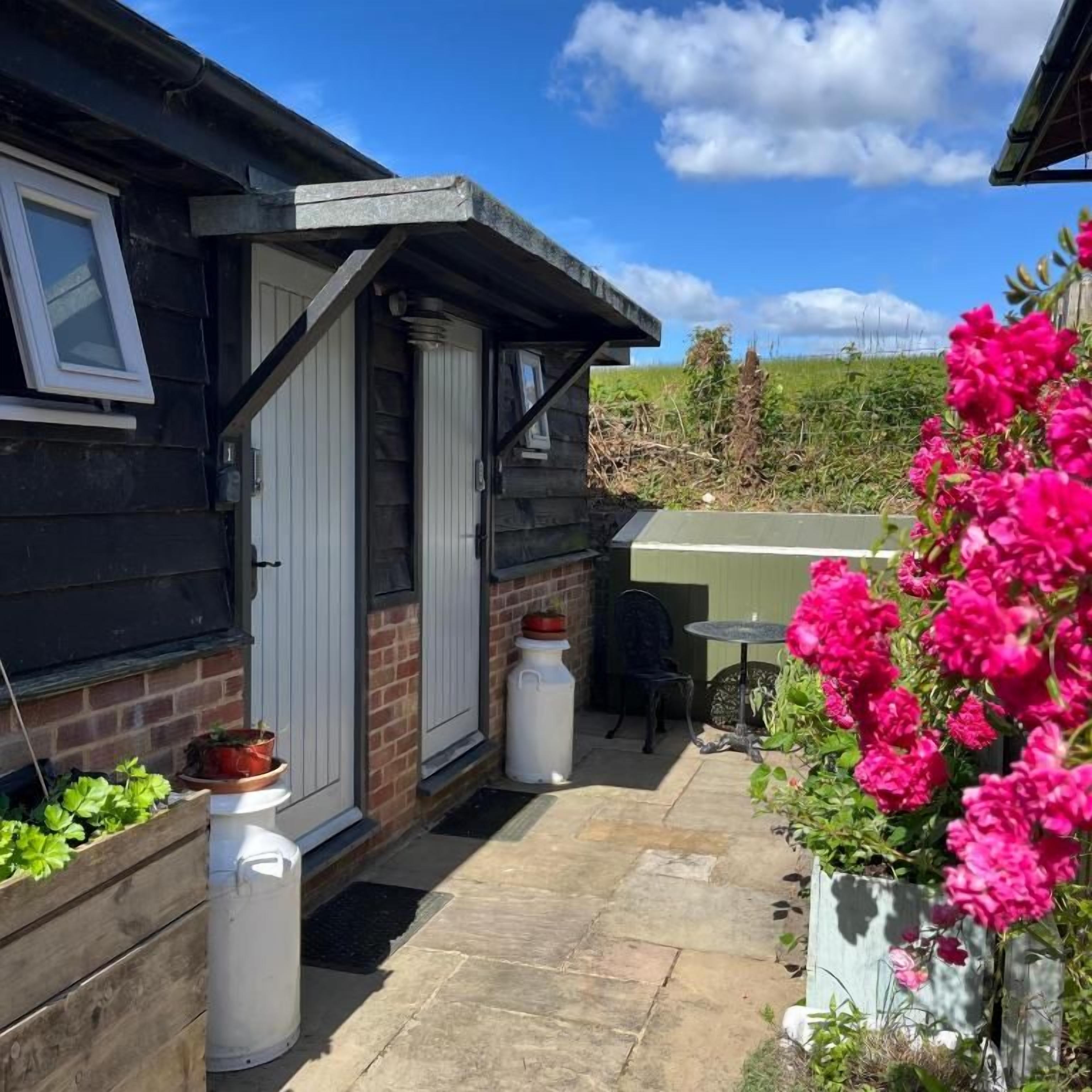A residential property with a patio area, a door, and a garden with flowers.