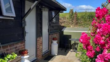 A residential property with a patio area, a door, and a garden with flowers.