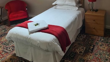 A bedroom with a skylight, a red chair, a bedside table with a lamp, and a patterned carpet.