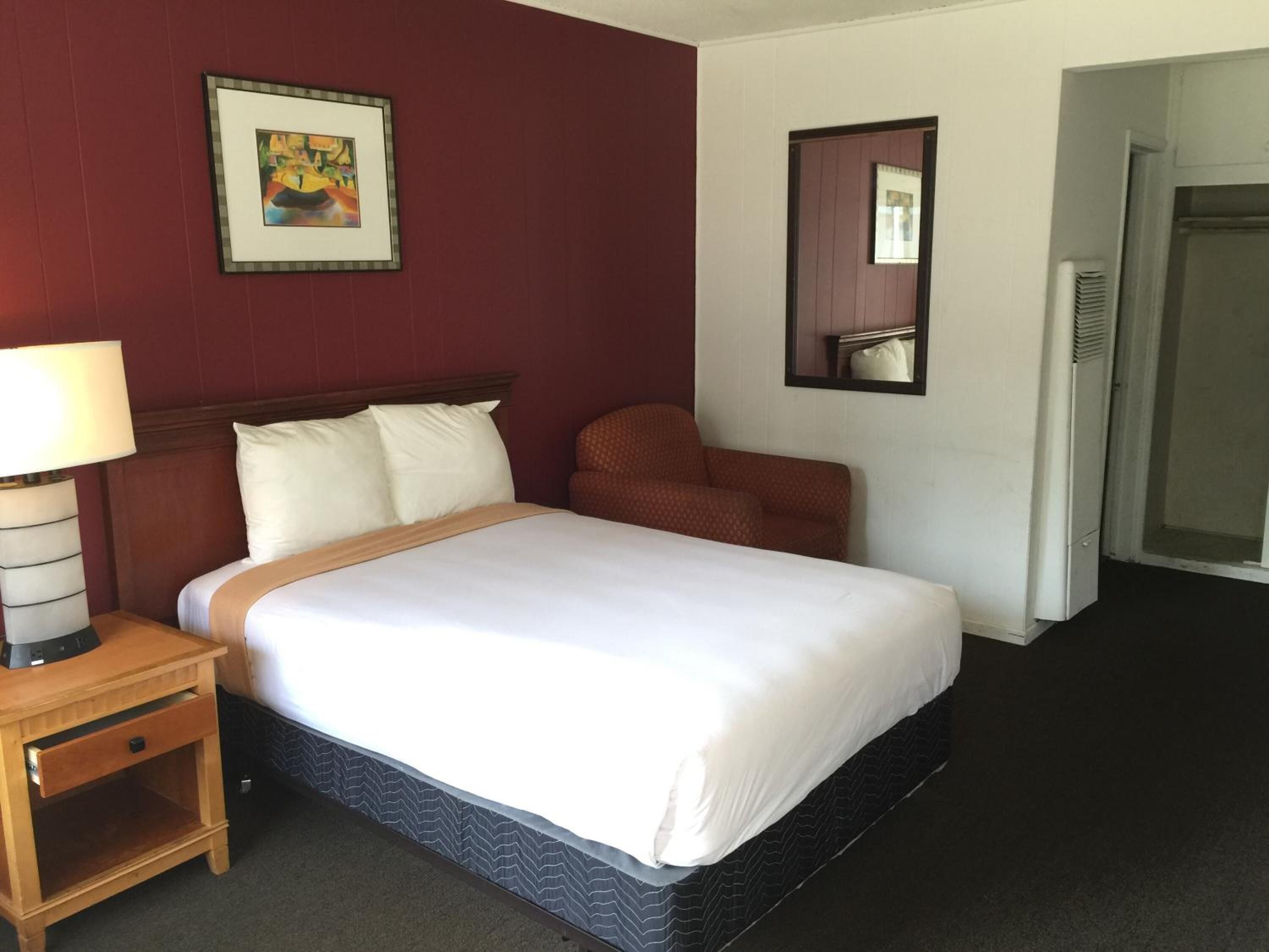 Een hotelkamer met een bed, nachtkastje, lamp, rode muur, een ingelijste foto, spiegel en een deur.