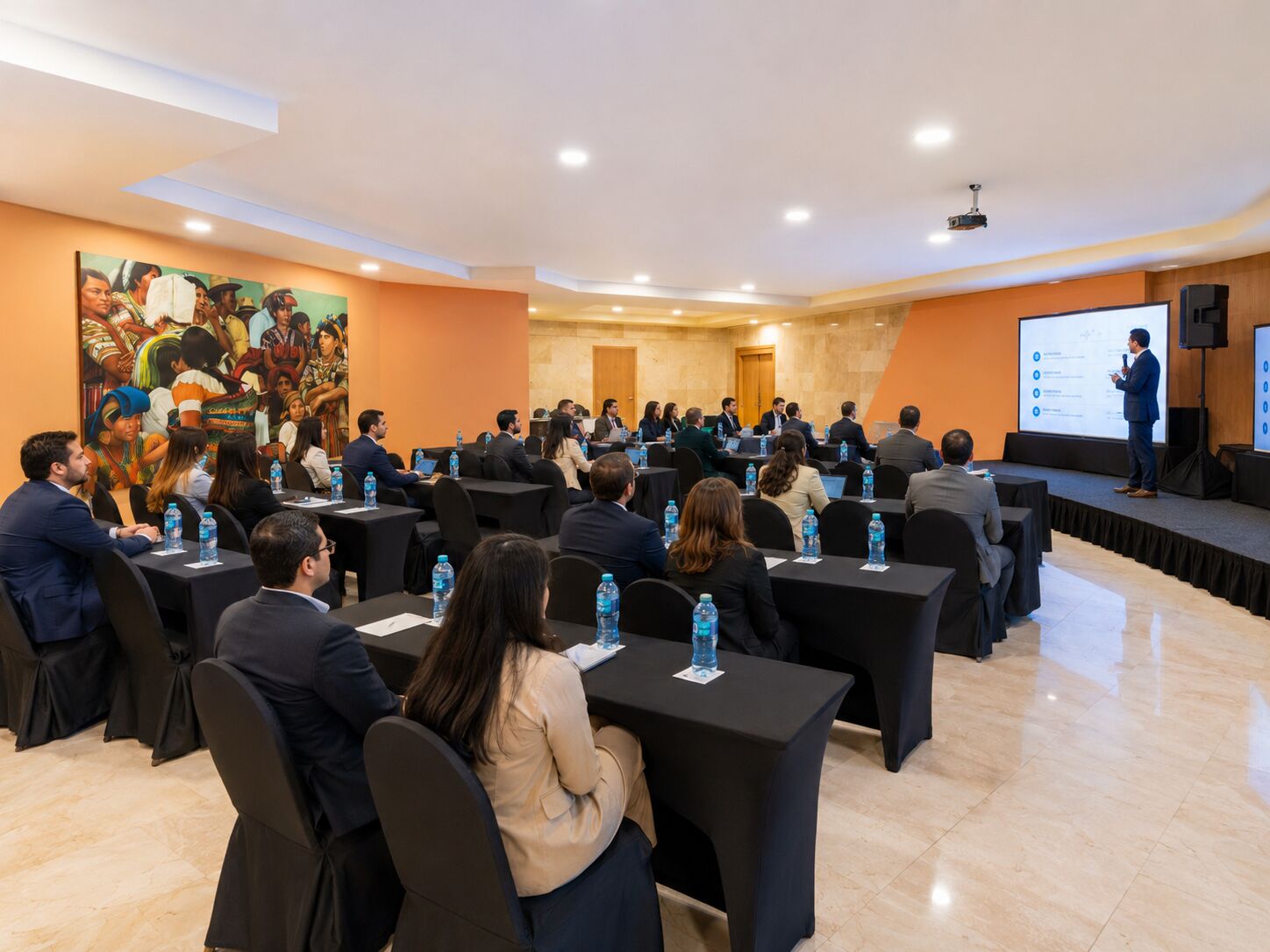 Une salle de conférence où les participants sont assis à des tables, un orateur présente au premier plan et un grand écran affiche une présentation.