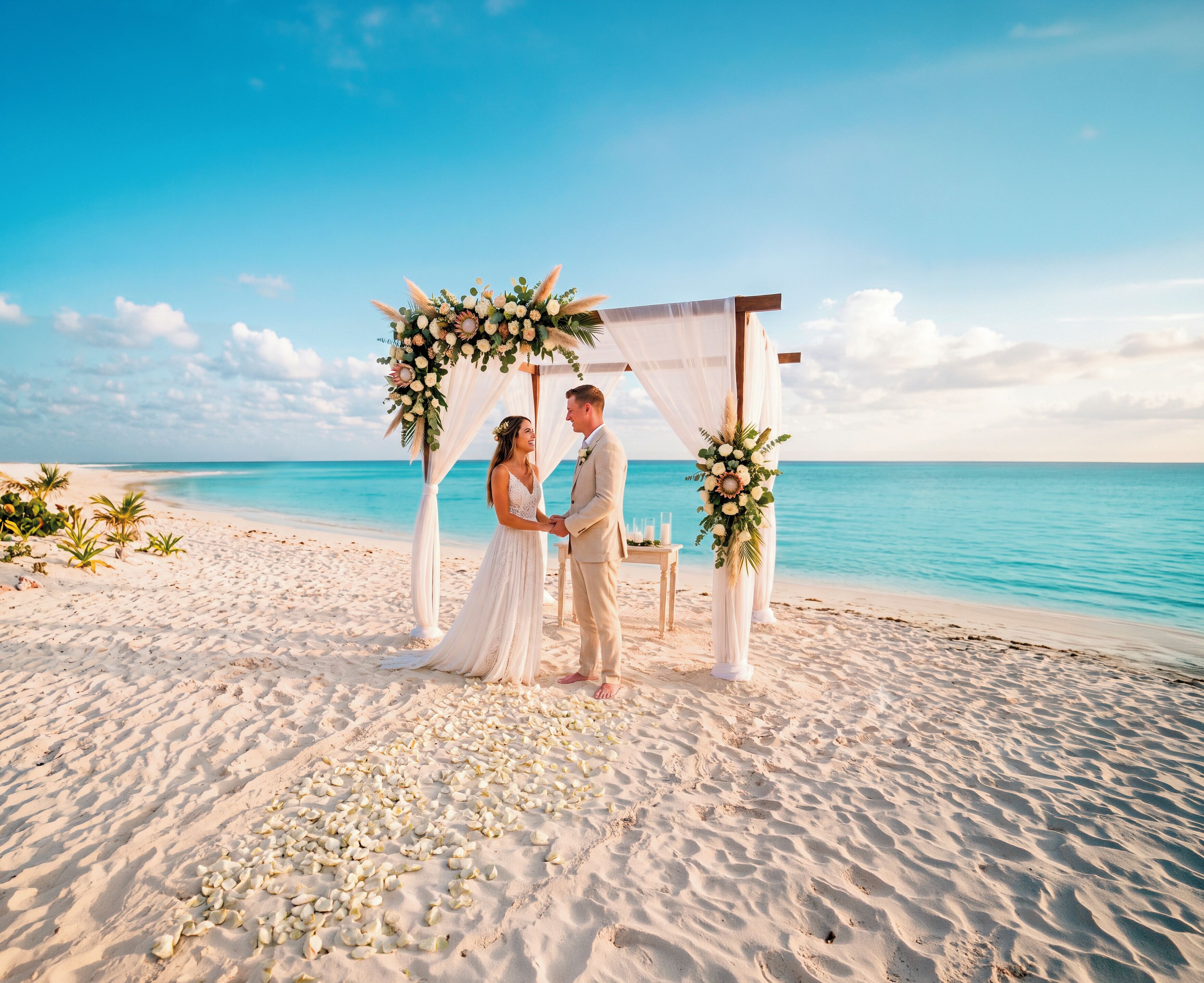Cerimônia de casamento na praia com um arco branco e decorações florais.