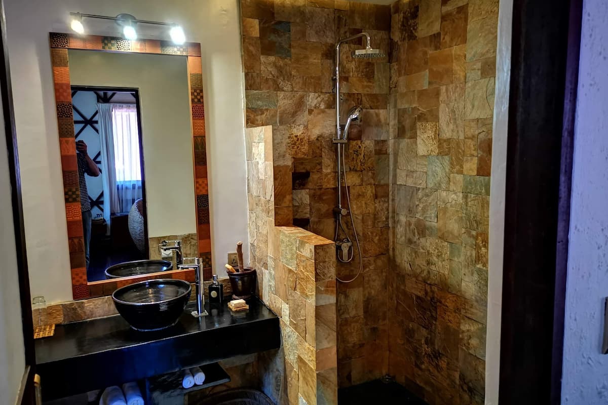 shower, rainfall showerhead, free toiletries, hair dryer