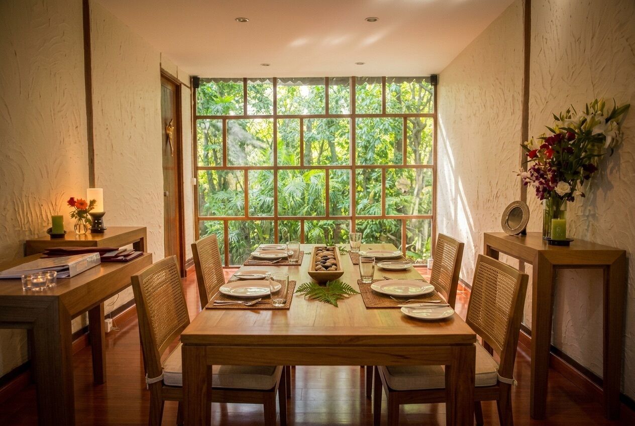 Comedor con un ventanal grande, una mesa de madera y sillas.