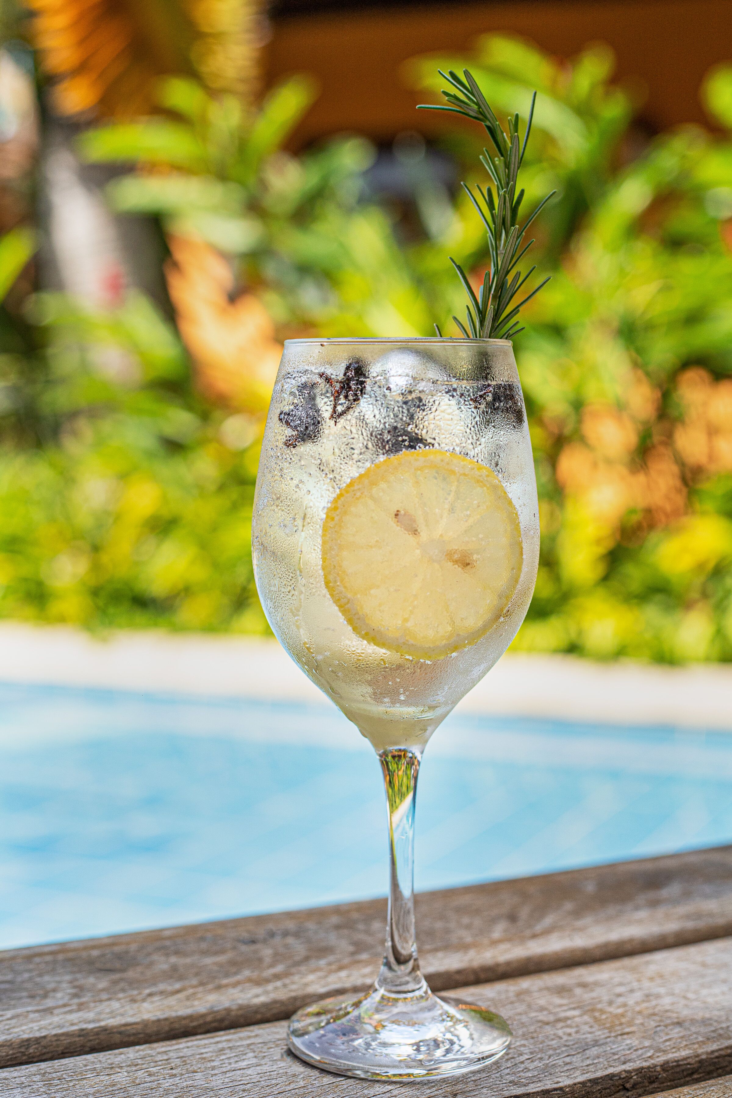 A glass with a lemon slice and rosemary garnish on a wooden surface by a pool.