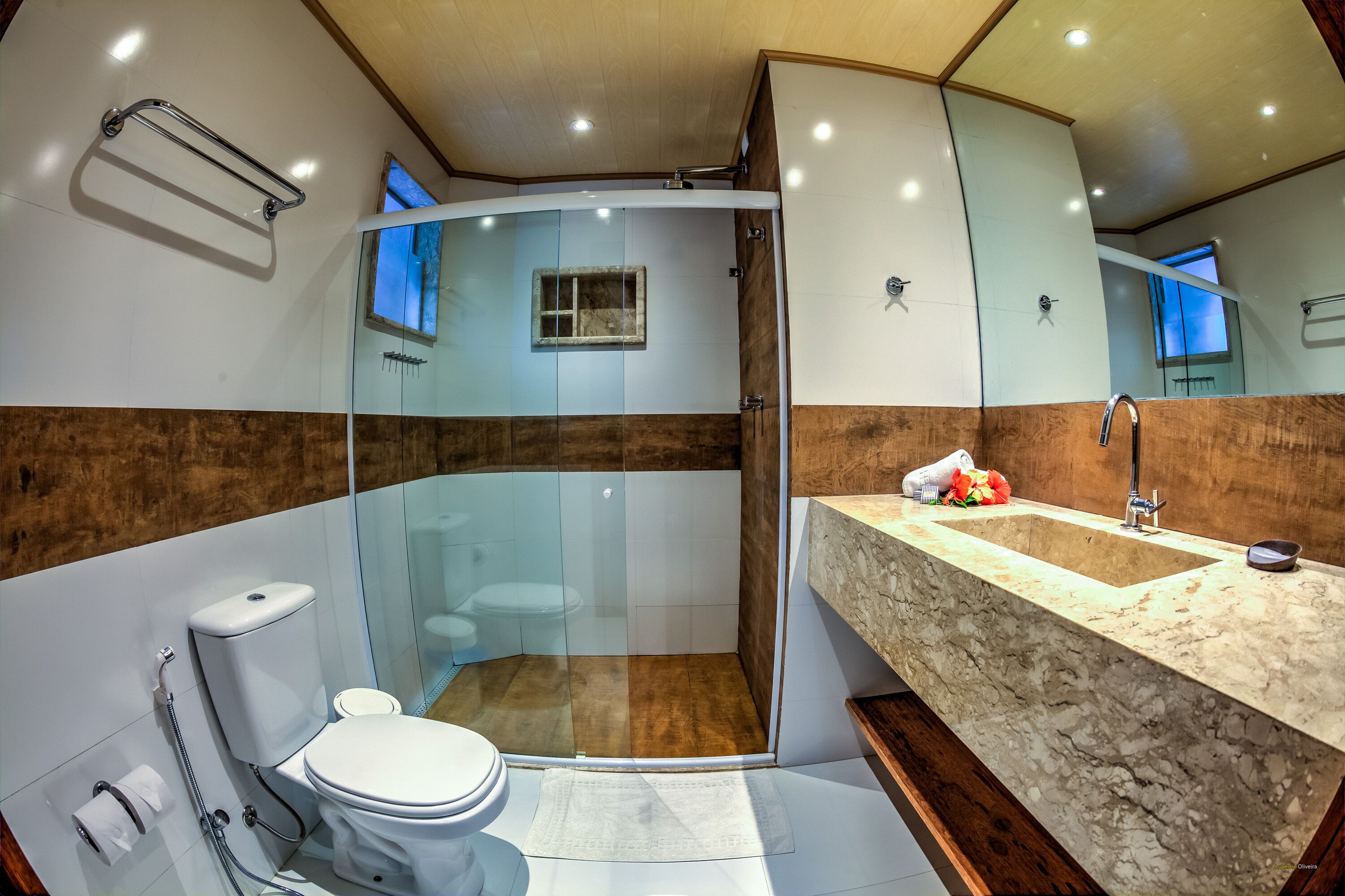 Une salle de bain moderne avec une douche à parois de verre, des toilettes blanches et un lavabo en marbre.