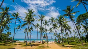 A beach with palm trees and a sign indicating 'Praia das Residências'.