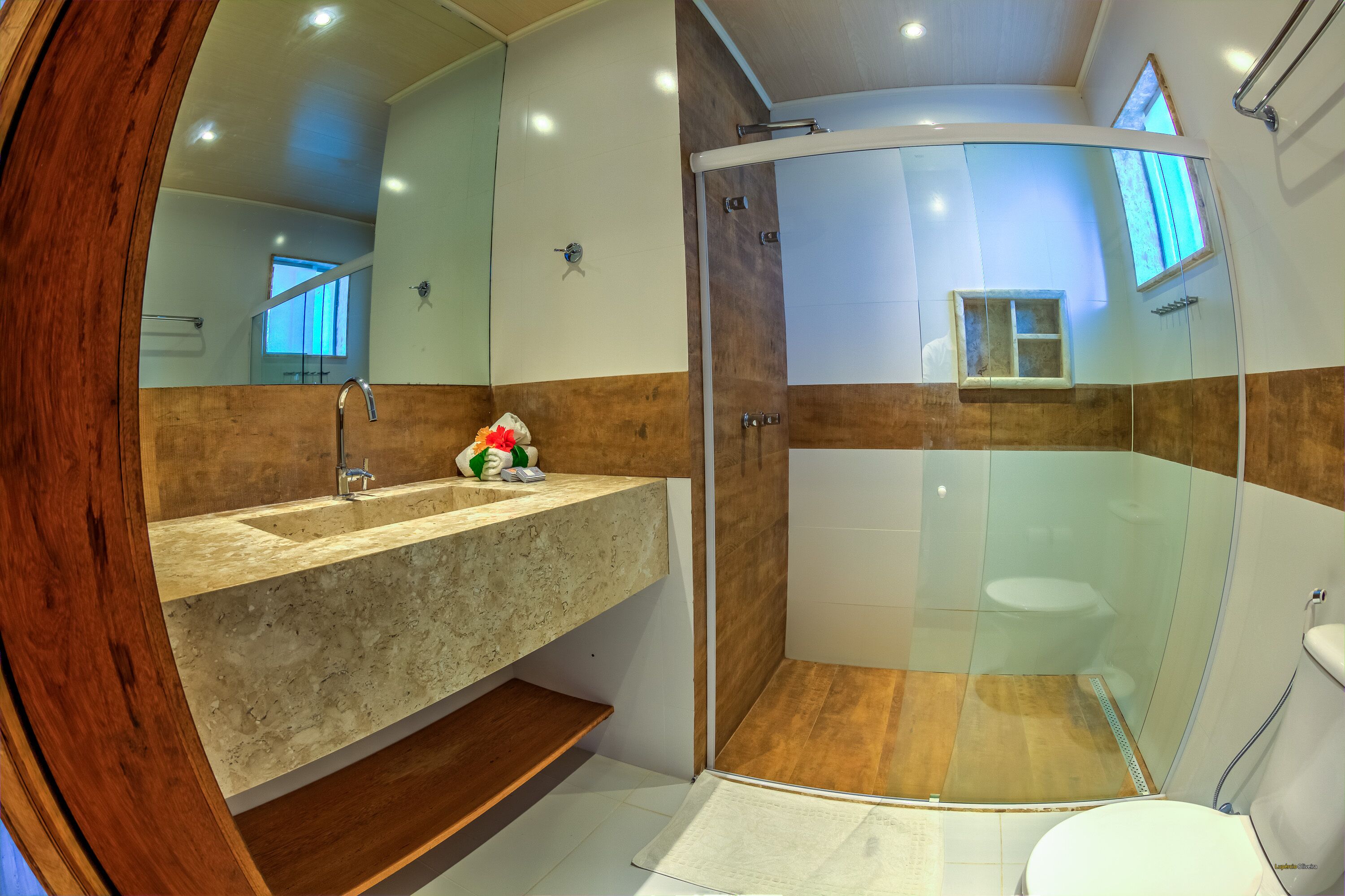 A modern bathroom with a glass-enclosed shower, a vanity with a sink, and a toilet.