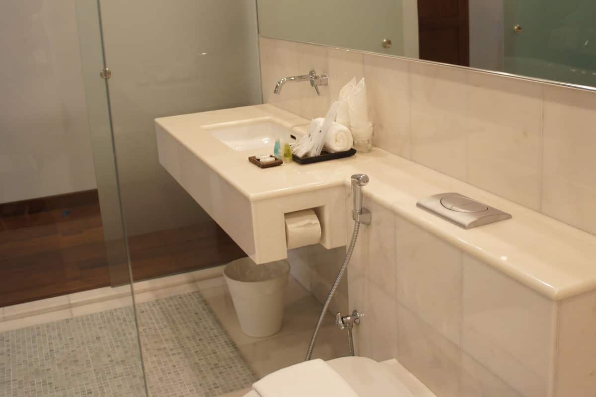 shower, rainfall showerhead, free toiletries, hair dryer