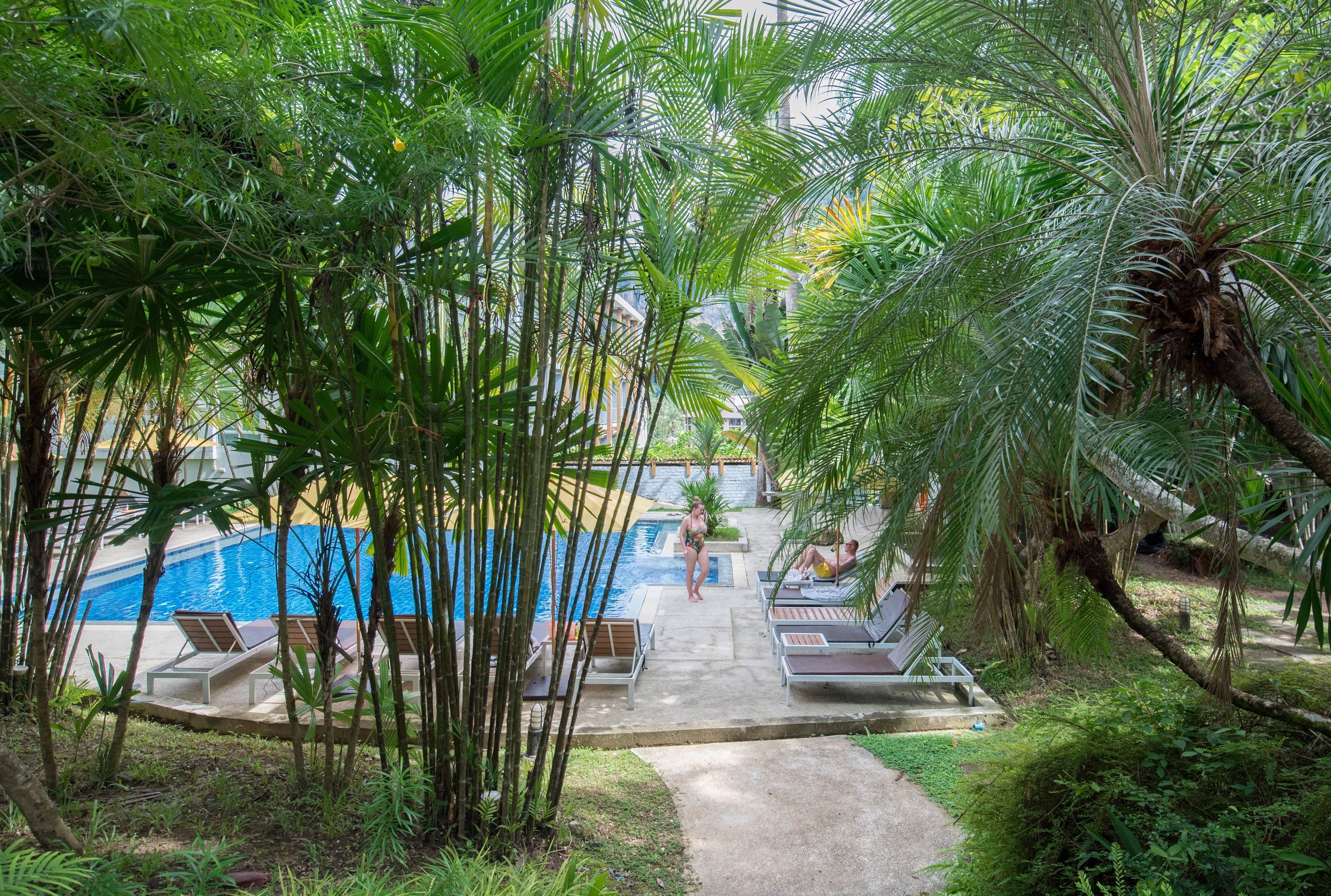 outdoor pool, pool loungers