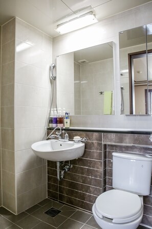 Standaard tweepersoonskamer | Badkamer | Een douche, een haardroger, pantoffels, handdoeken
