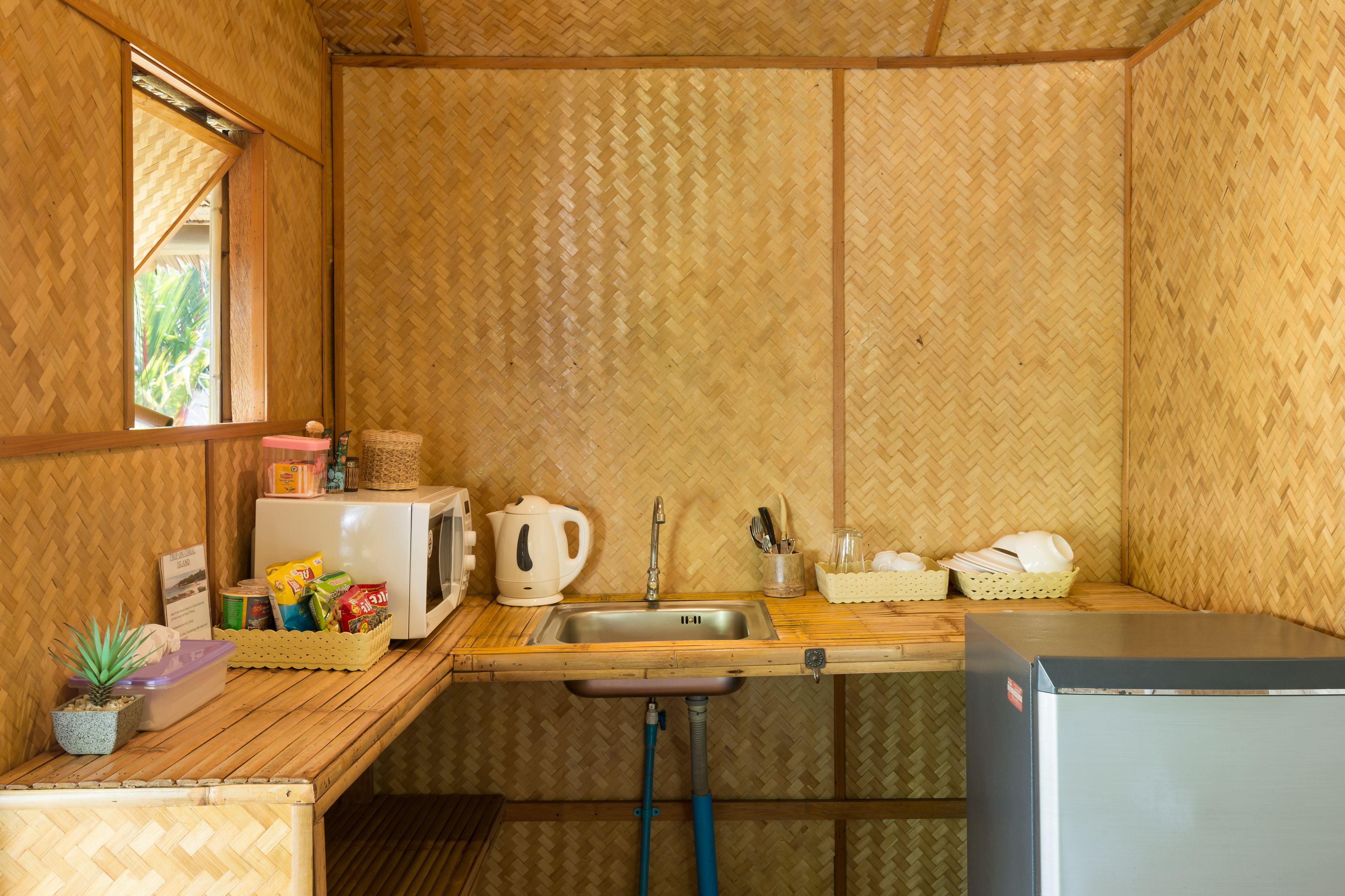 fridge, microwave, coffee/tea maker, electric kettle