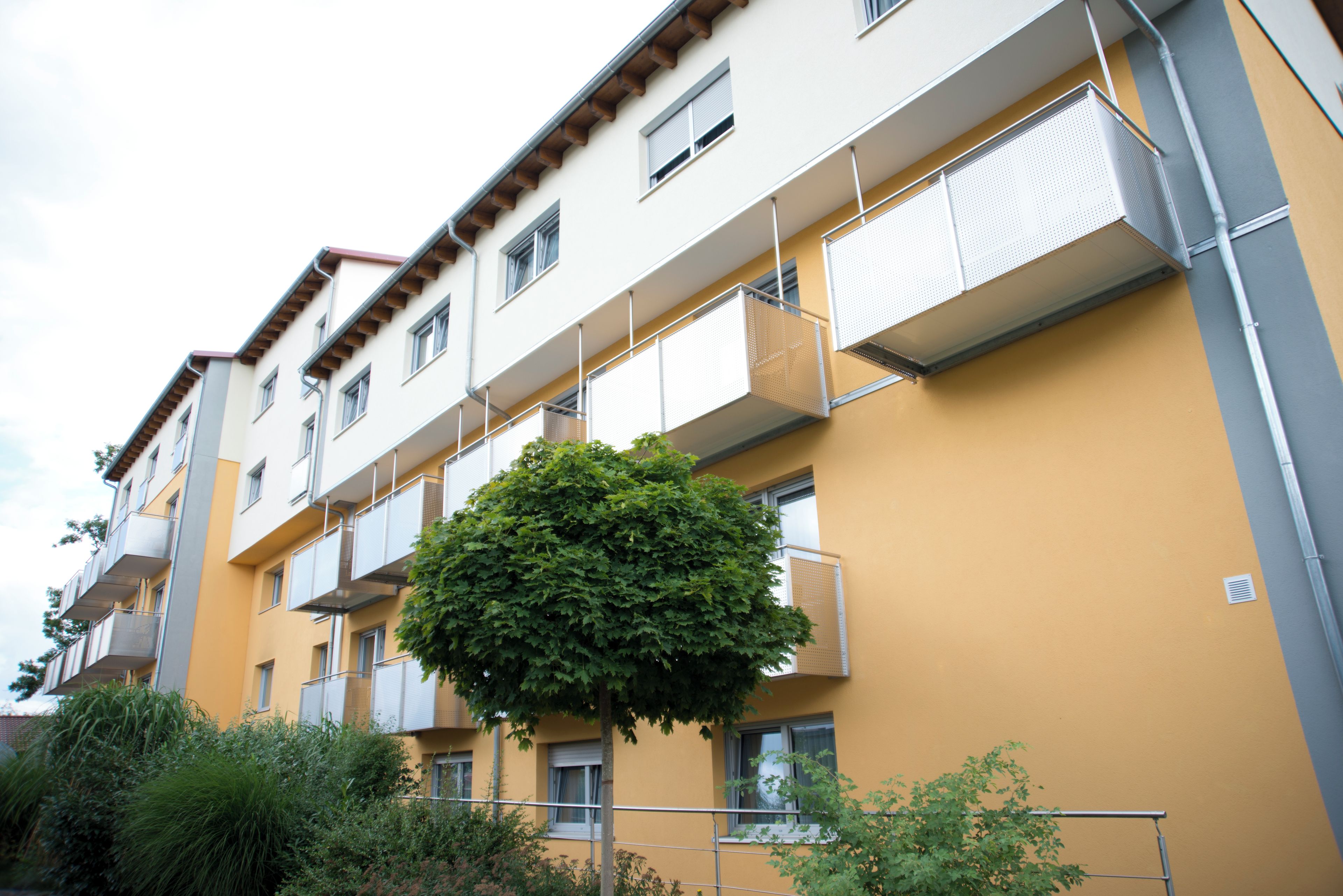 Un edificio residencial de varios pisos con balcones, un árbol en frente y un cielo despejado.