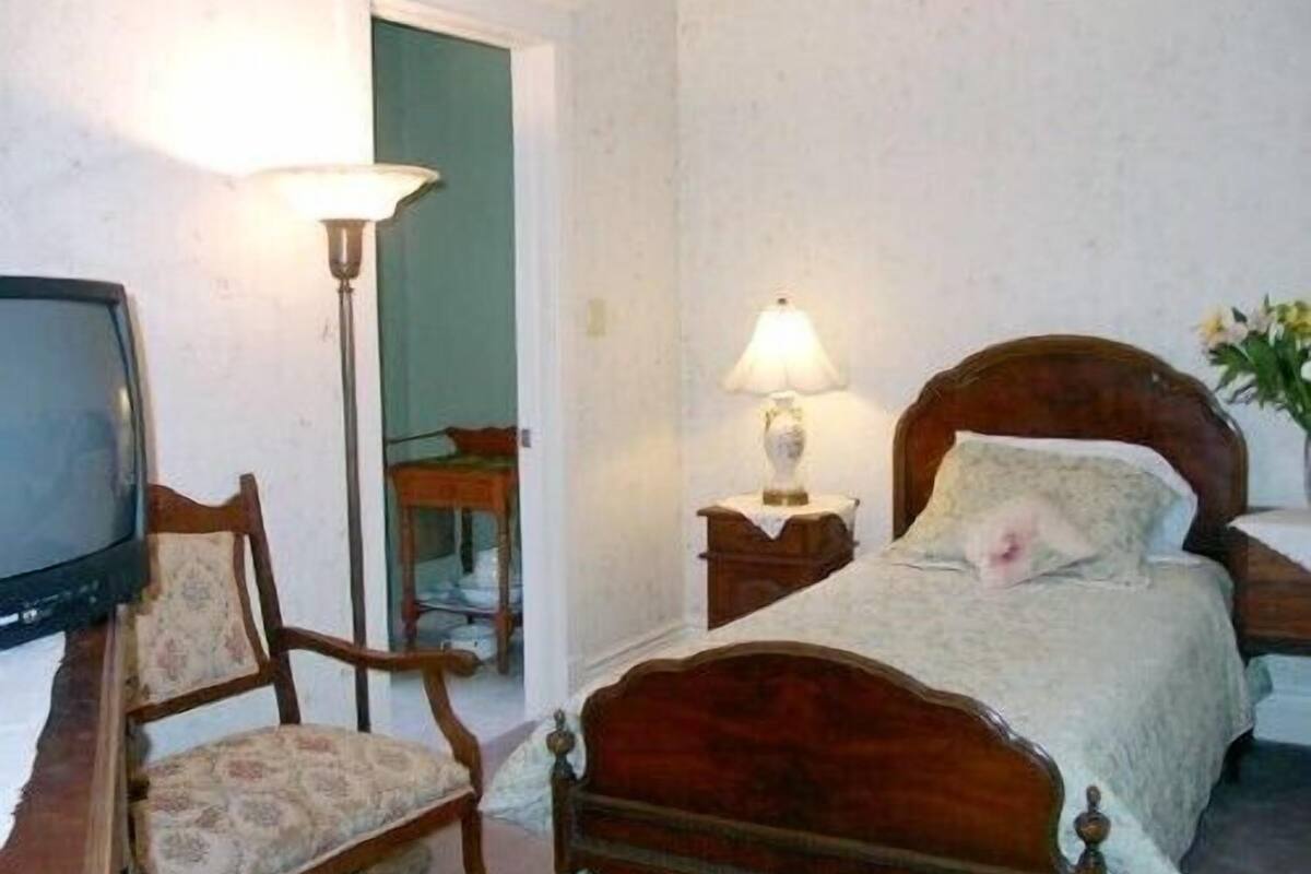 Une chambre à coucher avec un lit en bois, une chaise, une table de chevet avec une lampe et un téléviseur.