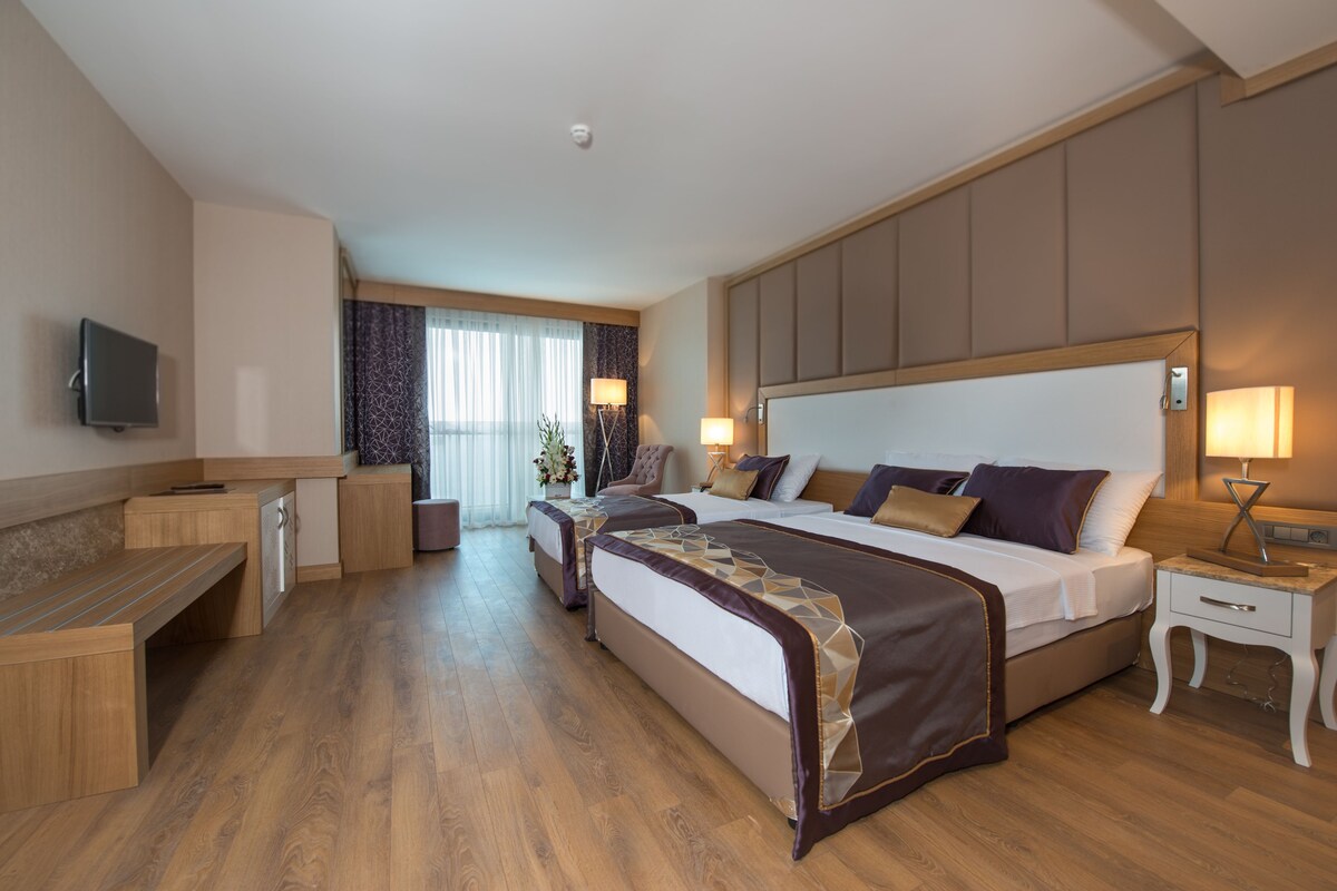 Une chambre d’hôtel avec un grand lit, un bureau, une télévision et une fenêtre avec des rideaux.