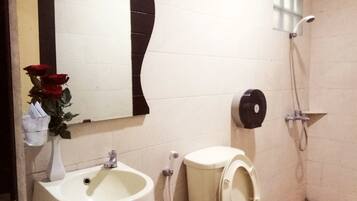 Een badkamer met een wastafel, toilet en douche.