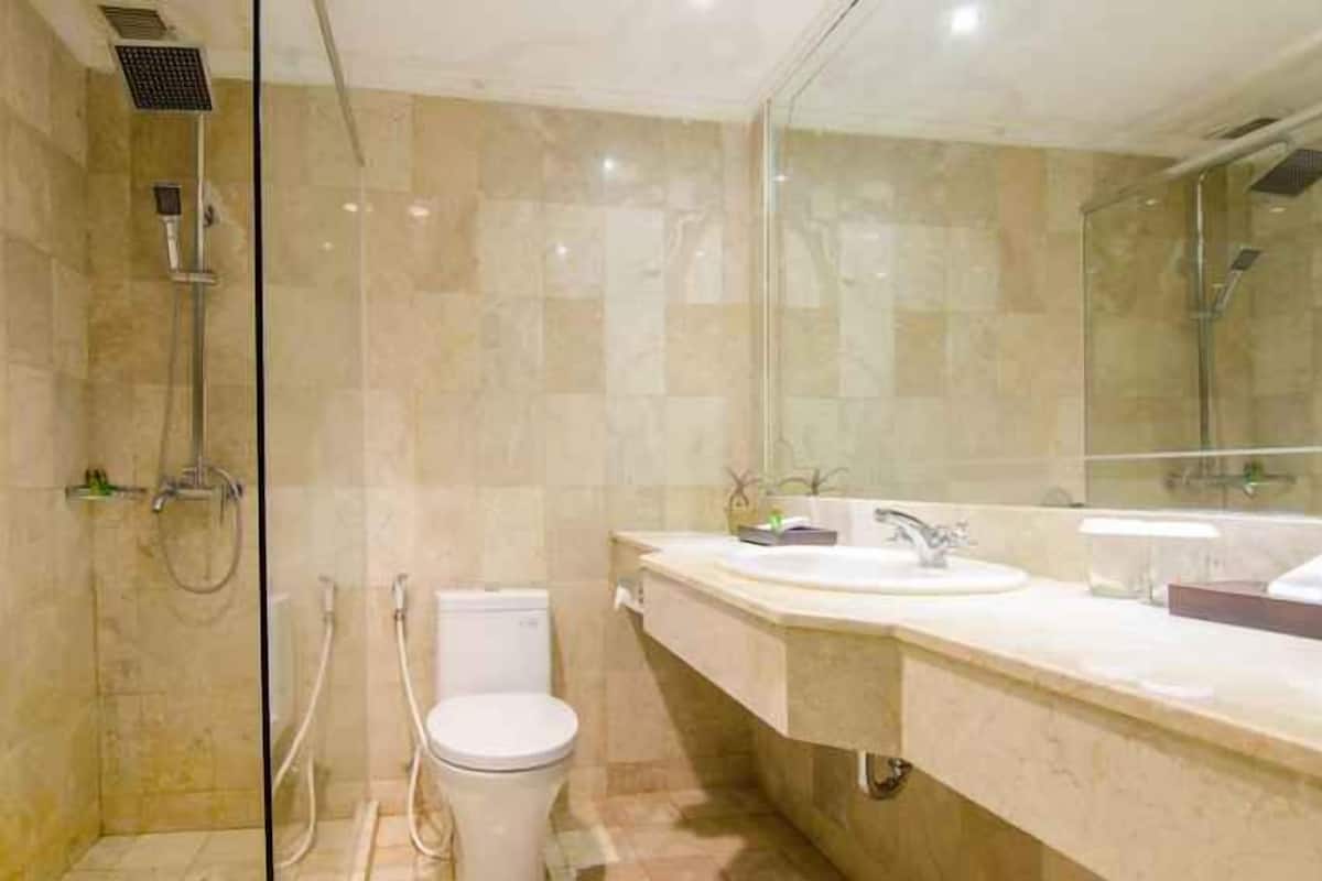 Badkamer | Een douche, gratis toiletartikelen, een haardroger, pantoffels