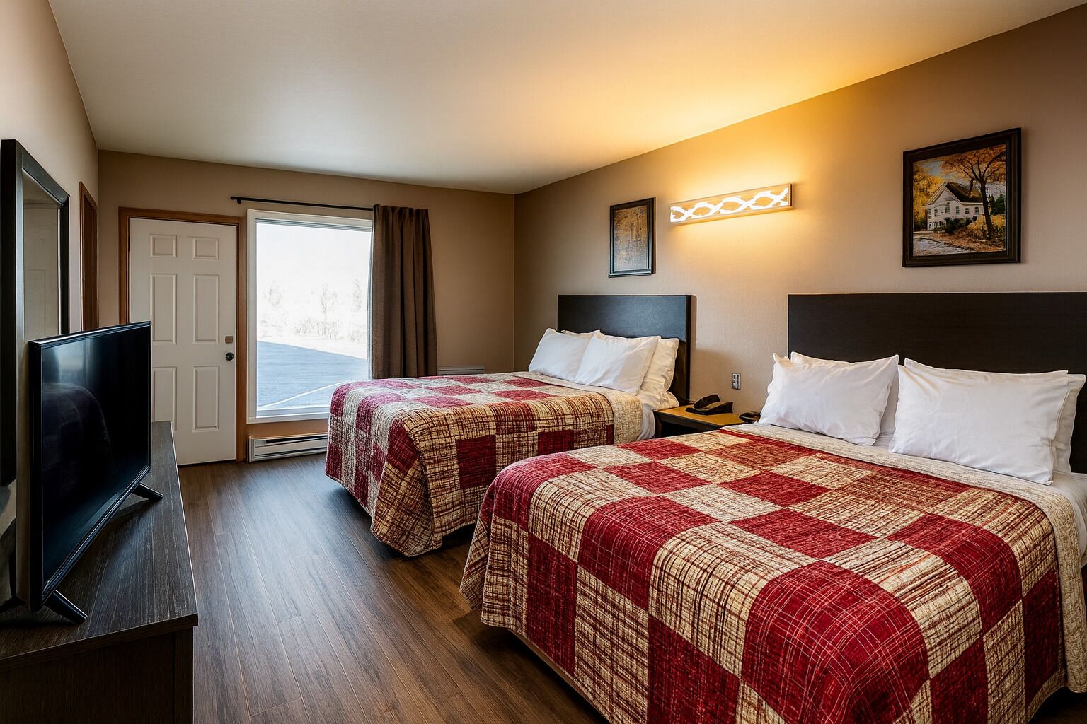 Habitación de hotel con dos camas, un televisor, una puerta al exterior y un cuadro en la pared.