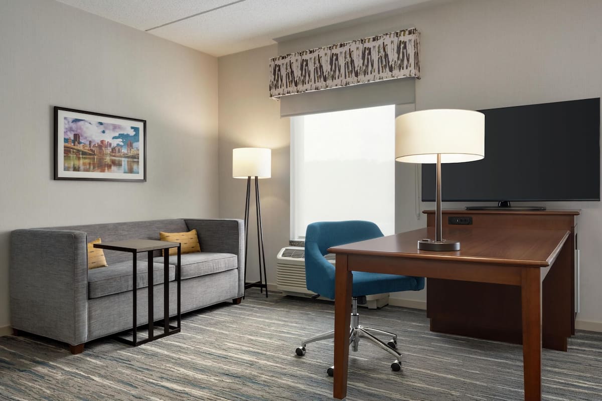 A hotel room with a grey sofa, a blue armchair, a wooden desk, a flat-screen TV, and a framed cityscape picture on the wall.