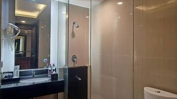 A modern bathroom with a glass shower enclosure, a large mirror, and a toilet.