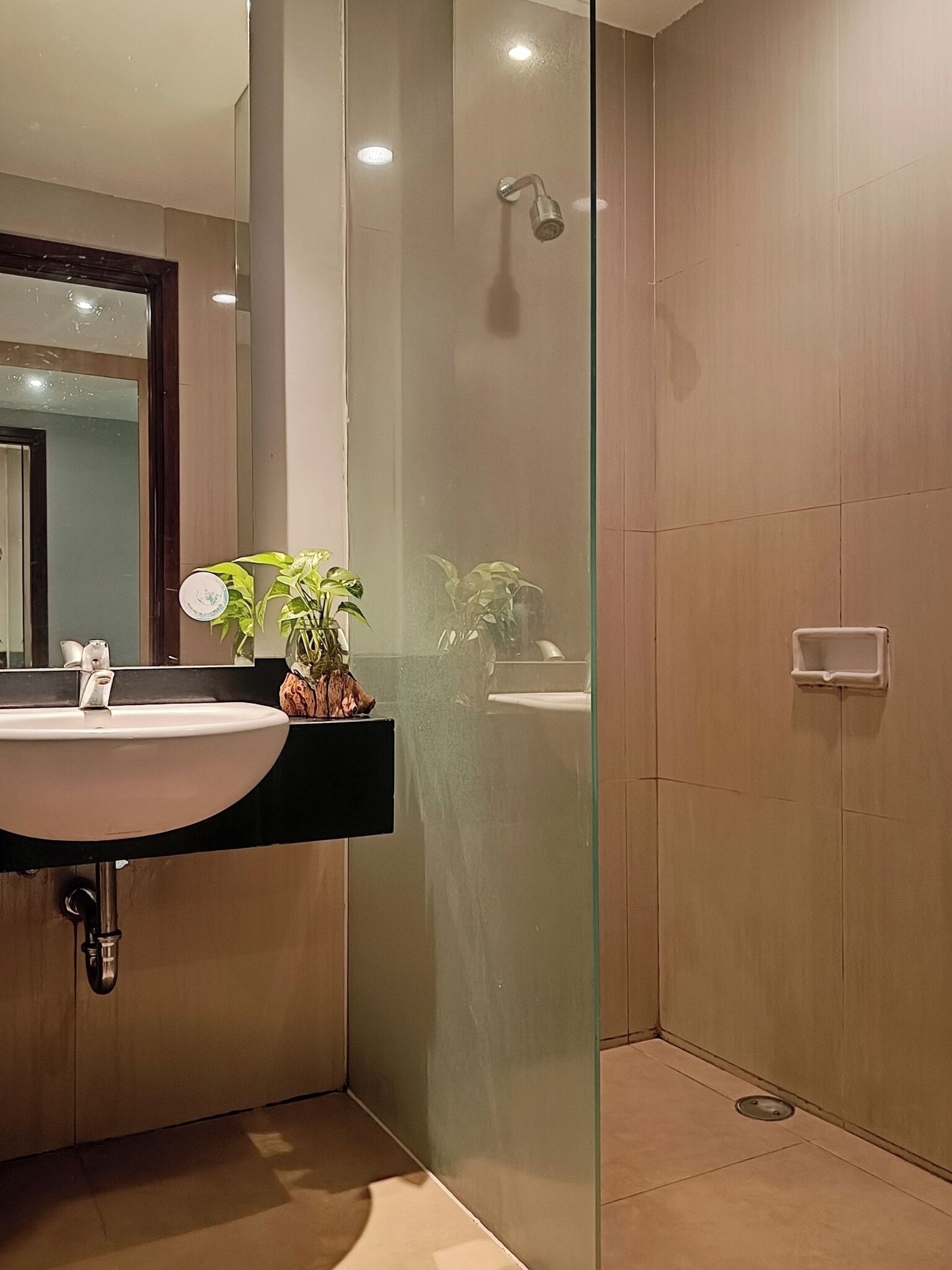 A modern bathroom with a glass shower enclosure, a sink with a black countertop, and a mirror above the sink.