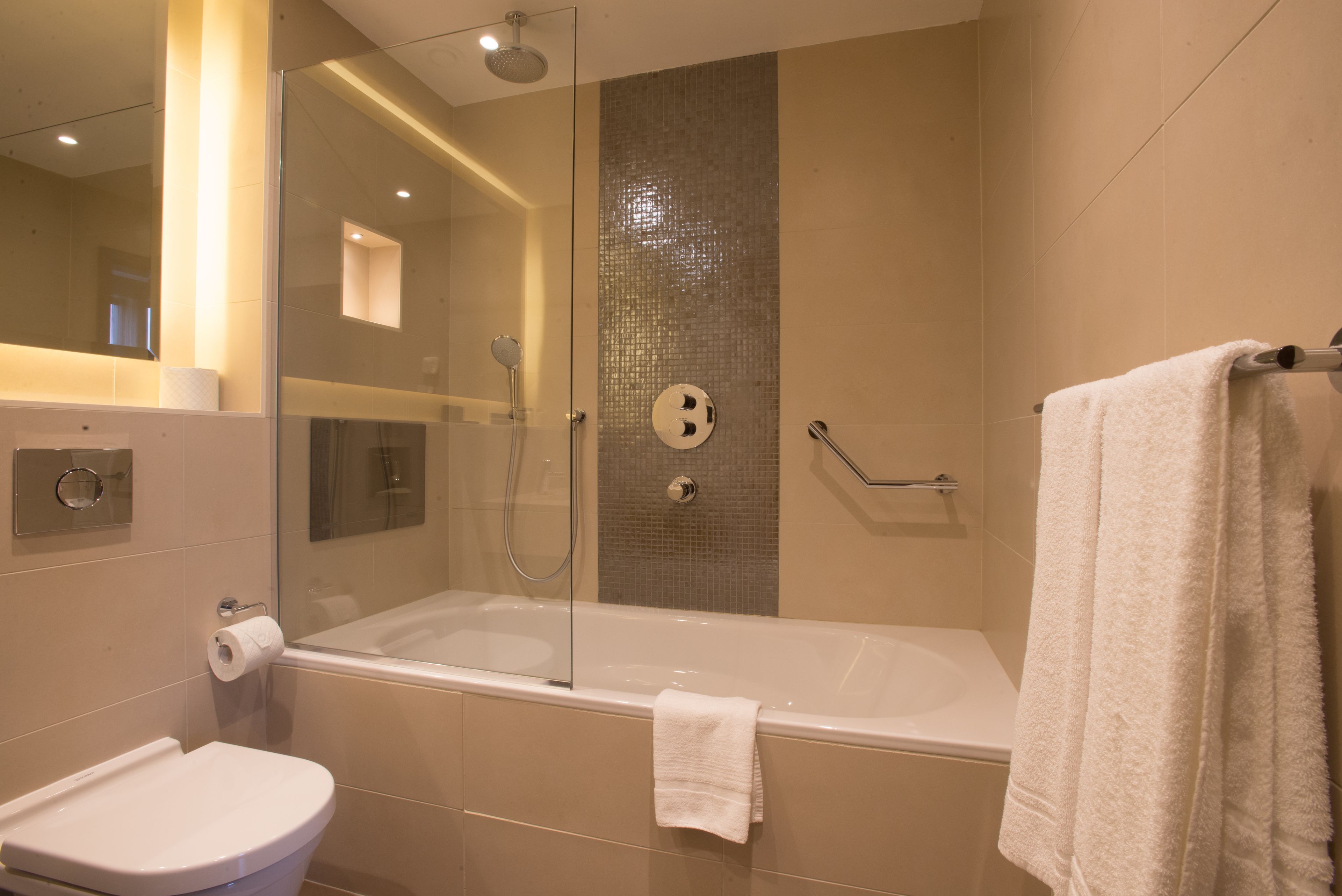 combined shower/bathtub, free toiletries, hair dryer, towels