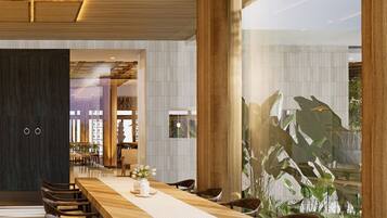 Sarapan dihidangkan, masakan antarabangsa, tepi kolam