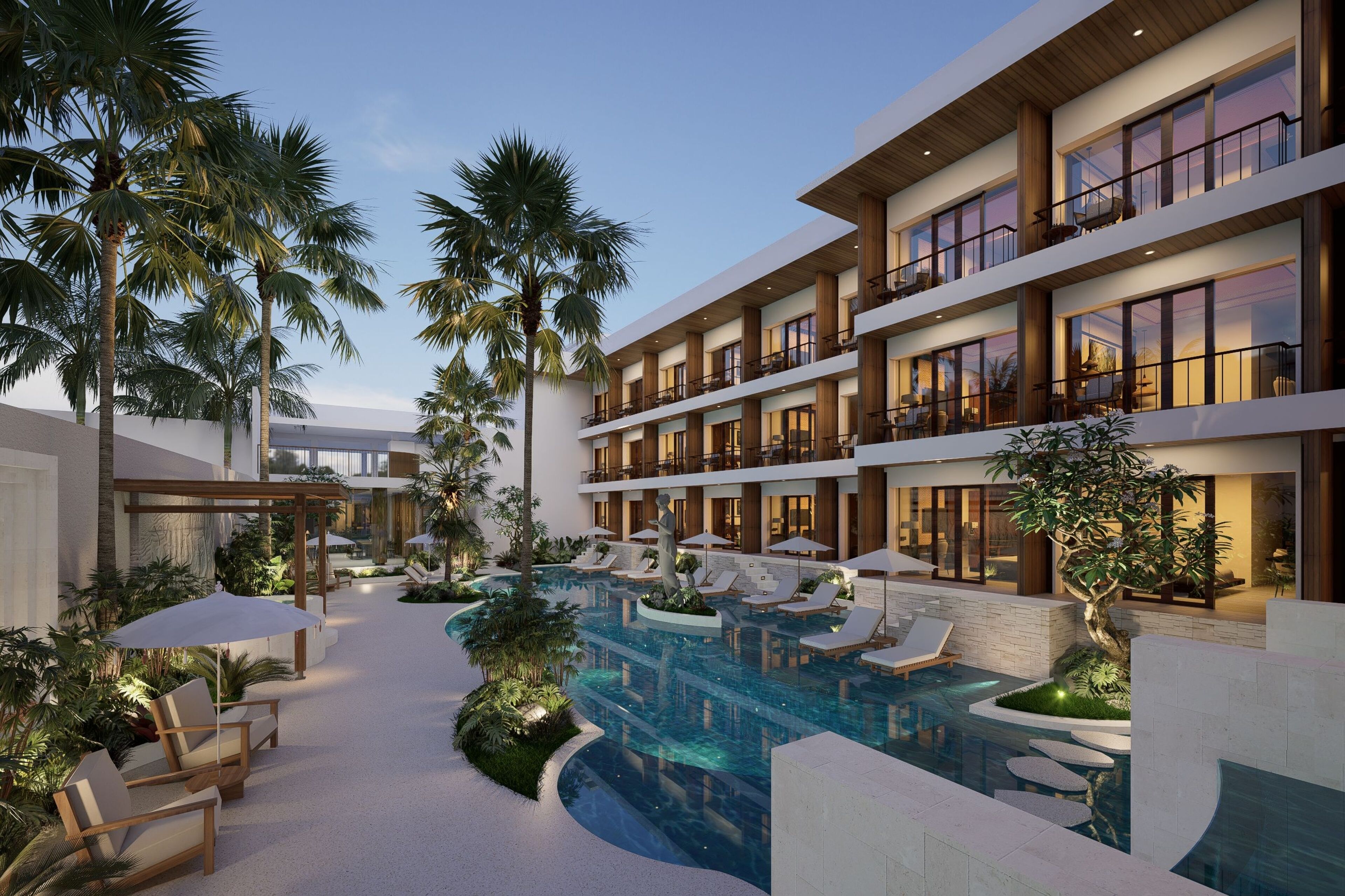 Kolam renang terbuka, dibuka dari pukul 7:00 hingga 18:00, payung kolam 