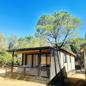 A small cabin with a covered porch, a dining area, and a large tree in front.